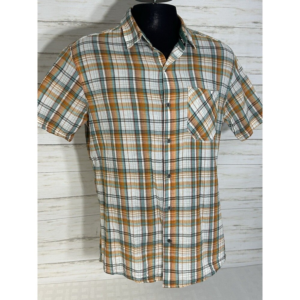MINTY! KUHL Size LARGE Men White Green Orange Plaid Button Shorts Sleeve Shirt